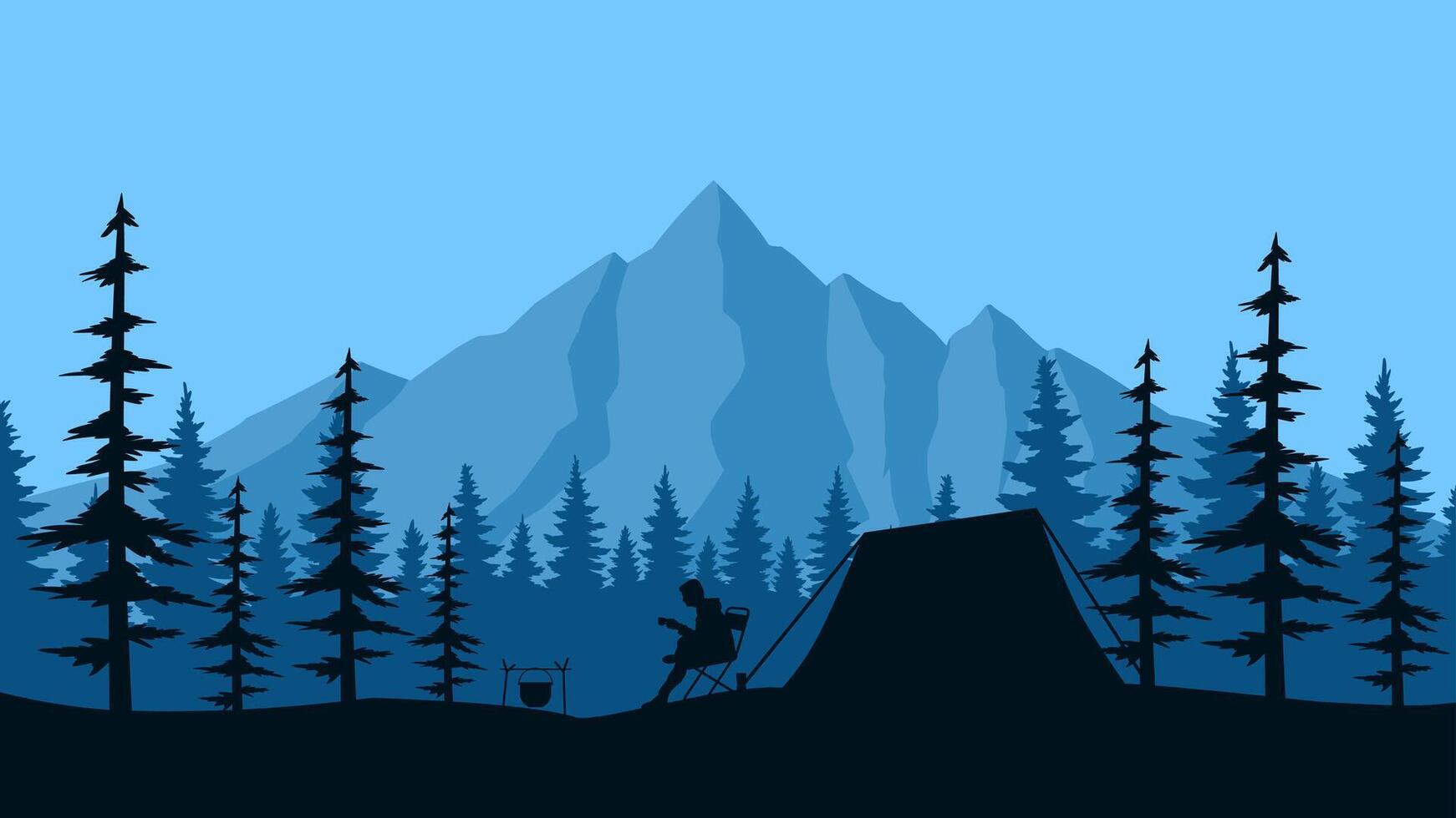 illustration of backpacker camping in the coniferous forest with tent. Illustration of adventurer campground in the wildlife. Mountain and pine forest landscape with camp of traveler tent vector