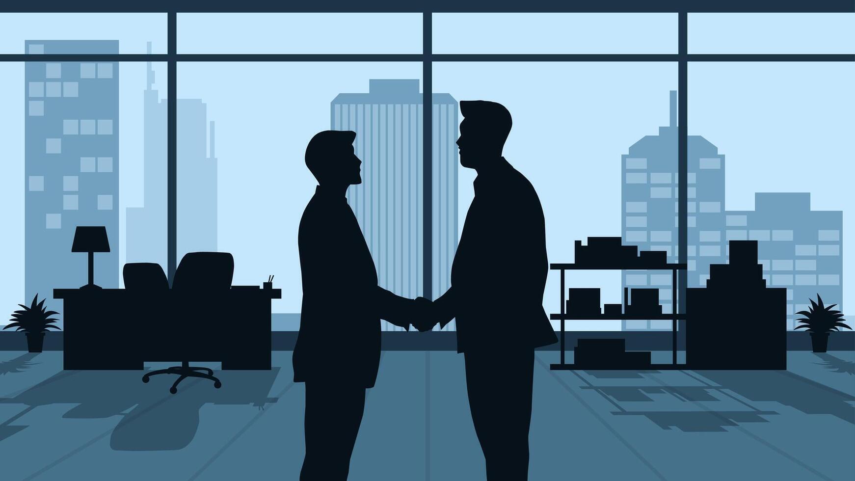 Illustration of a partnership handshake between two businessmen. Illustration of business negotiation about company collaboration. Office room with two people dealing with a teamwork agreement vector
