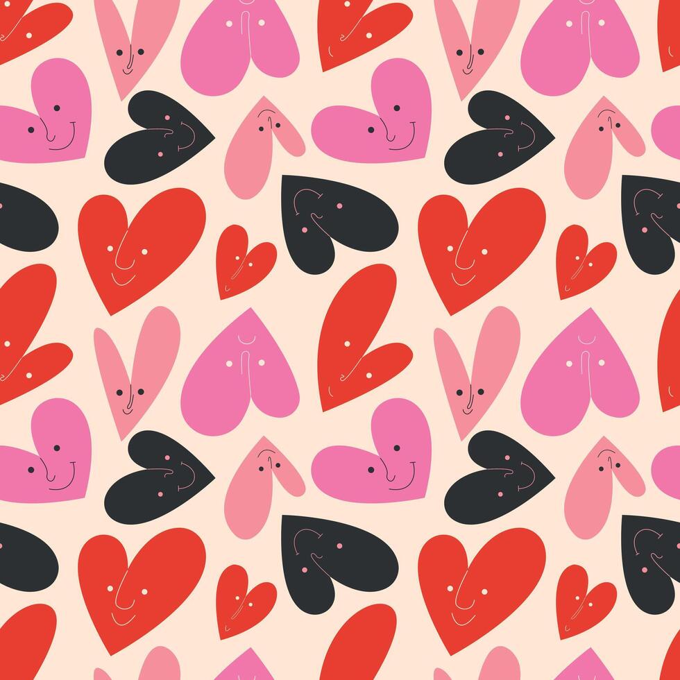 Funny hearts with faces seamless pattern vector