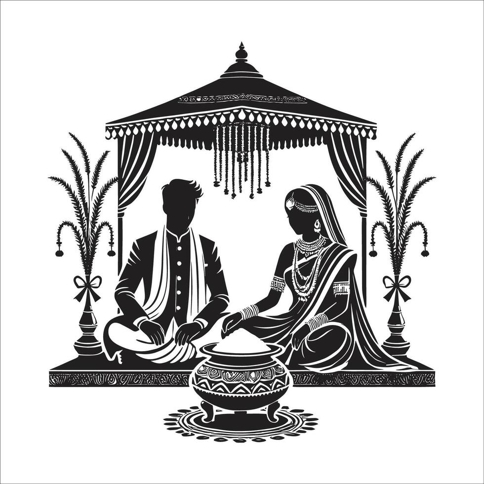 Indian Wedding Couple, Dulha Dulhan Black And White On White Background vector