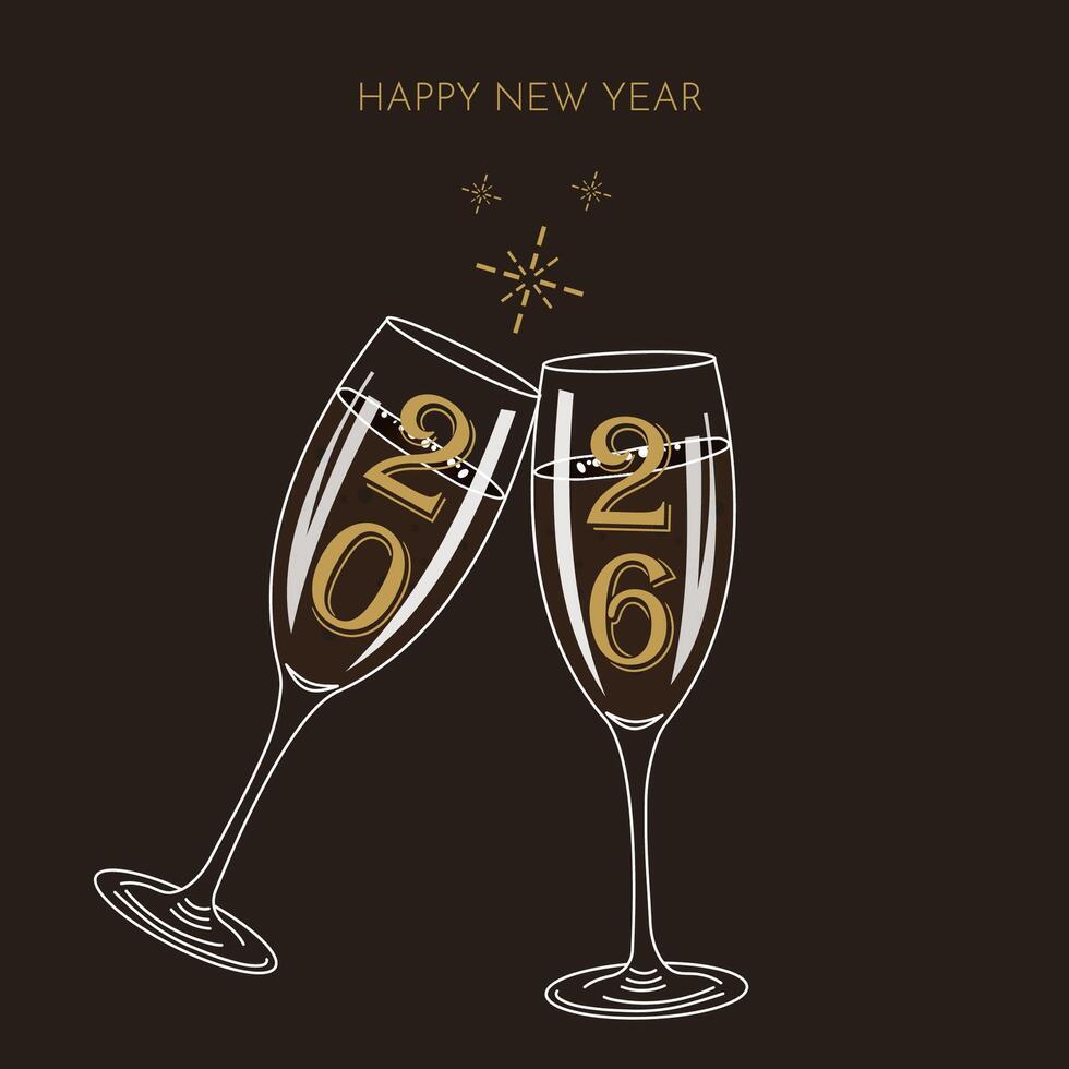 A sophisticated graphic design featuring two champagne flutes in a celebratory toast, set against a dark background with gold accents and the year 2026. vector