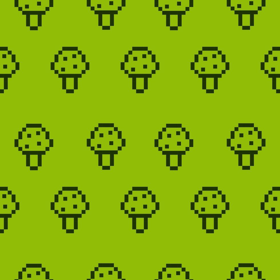 Mushrooms in pixel game style. Mobile game conseptual pattern. Flat seamless background. vector