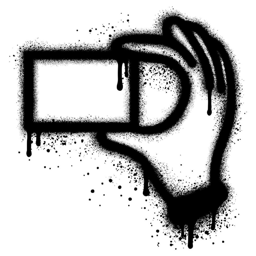 Graffiti of a hand holding a card phone with black spray paint. vector