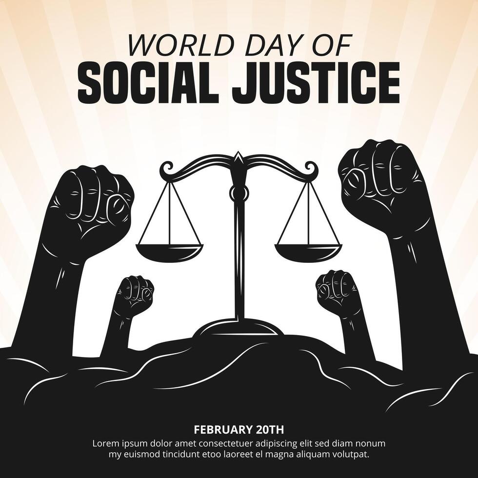 World Day Of Social Justice with raised fist and balance scale vector