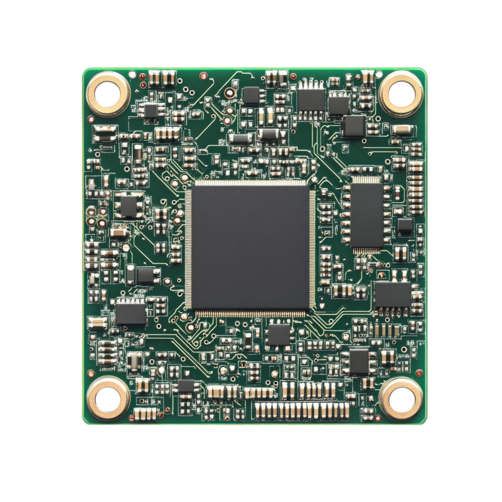 Circuit board with central chip and various electronic components, showcasing intricate connections and compact design. Ideal for technology and engineering themes png