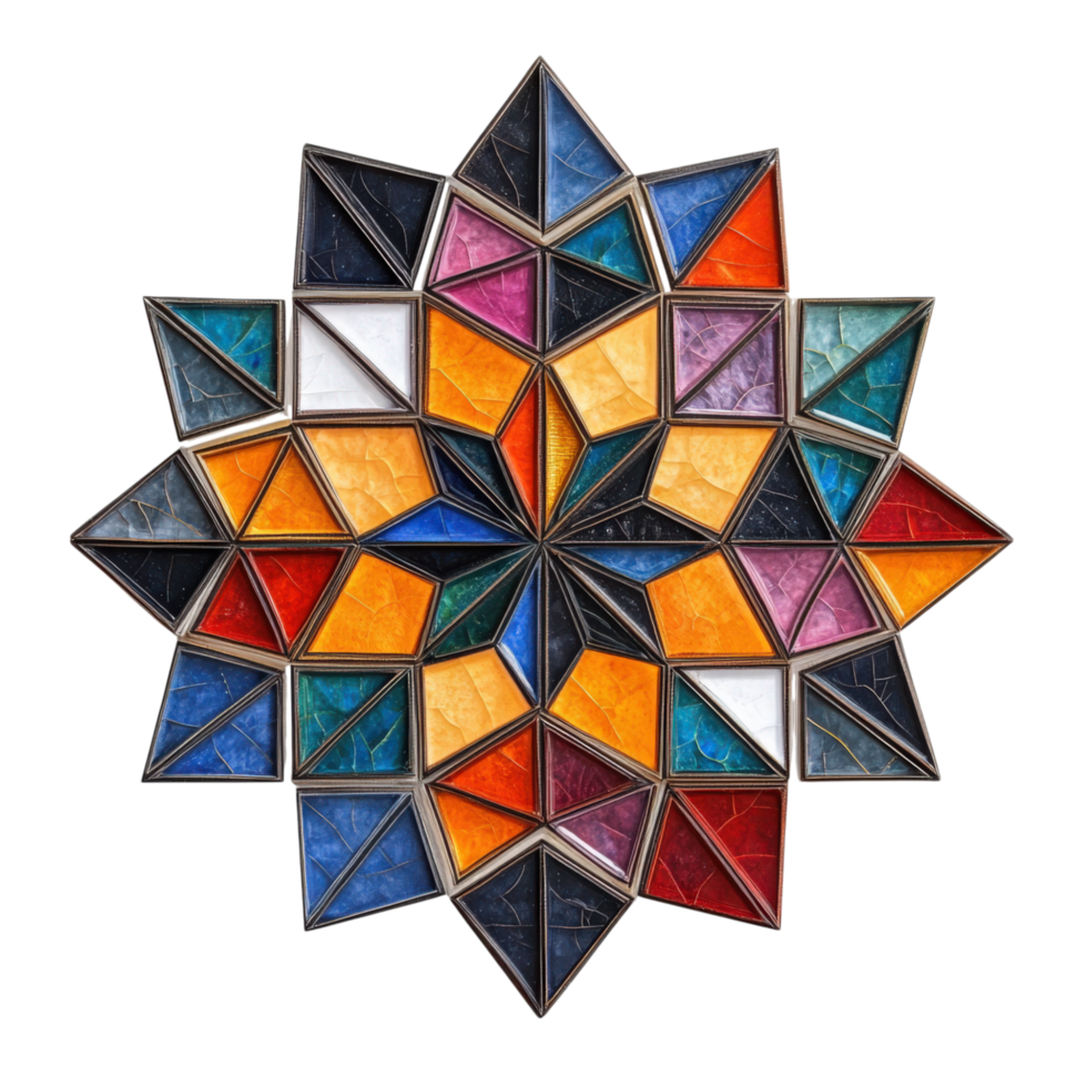 Mosaic tile design featuring geometric shapes in vibrant colors, creating decorative star pattern. This artwork showcases intricate craftsmanship and artistic expression png