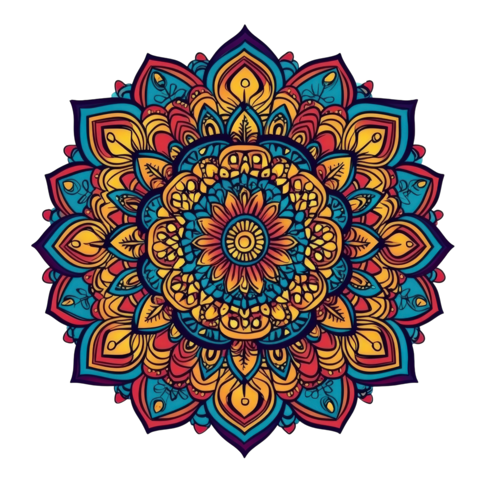 Vibrant ethnic mandala with intricate detailing in bright colors, showcasing beautiful floral design and symmetrical patterns that evoke sense of harmony and creativity png