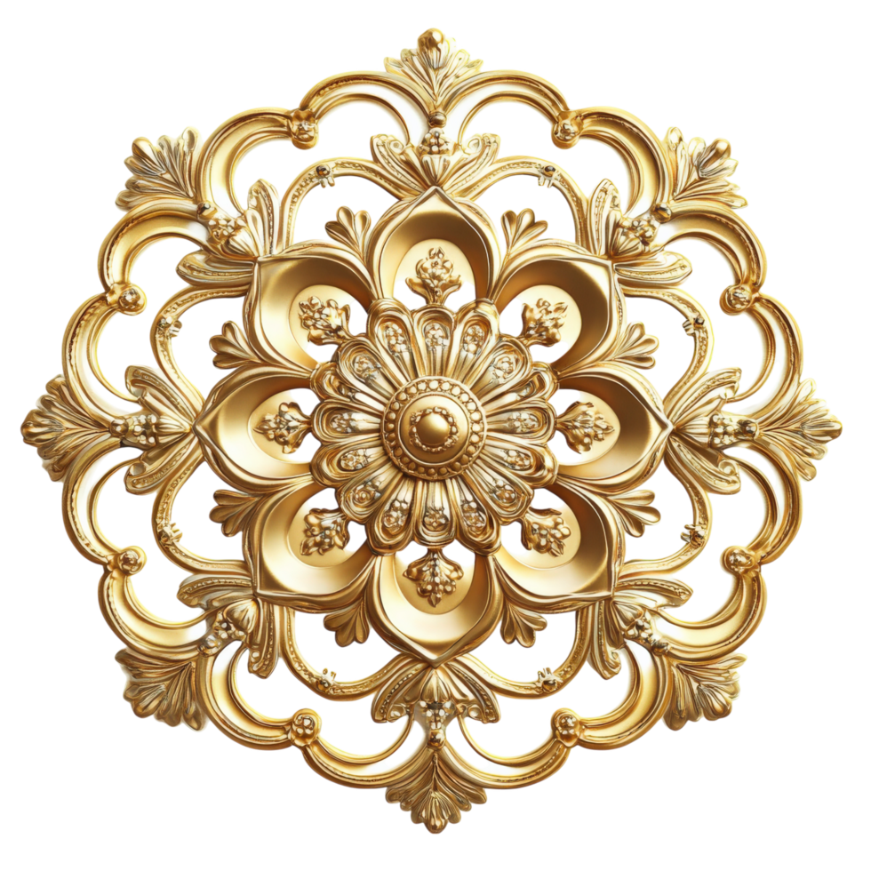 Intricate golden mandala design featuring swirling patterns and floral elements, showcasing elegance and craftsmanship. Perfect for decorative purposes and artistic inspiration png