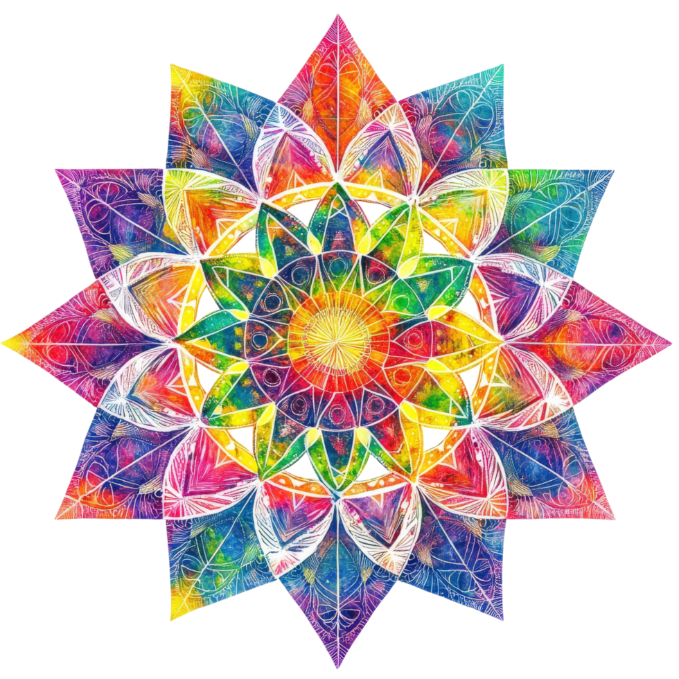 Vibrant rainbow mandala featuring radiating geometric shapes and intricate patterns, creating mesmerizing visual experience png