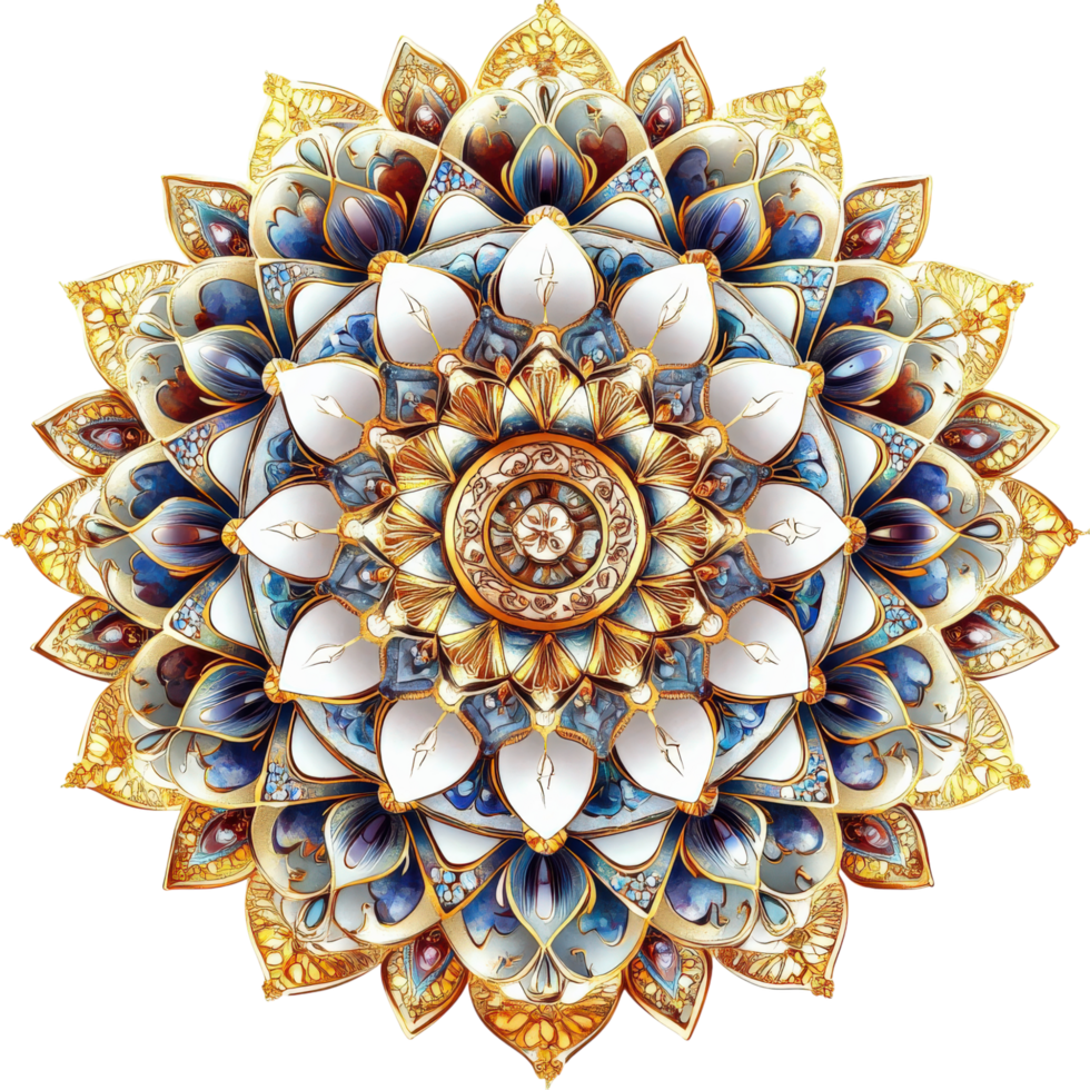 Intricate mandala design featuring gold accents and vibrant multi colored layers, creating stunning visual effect that captivates viewer attention png
