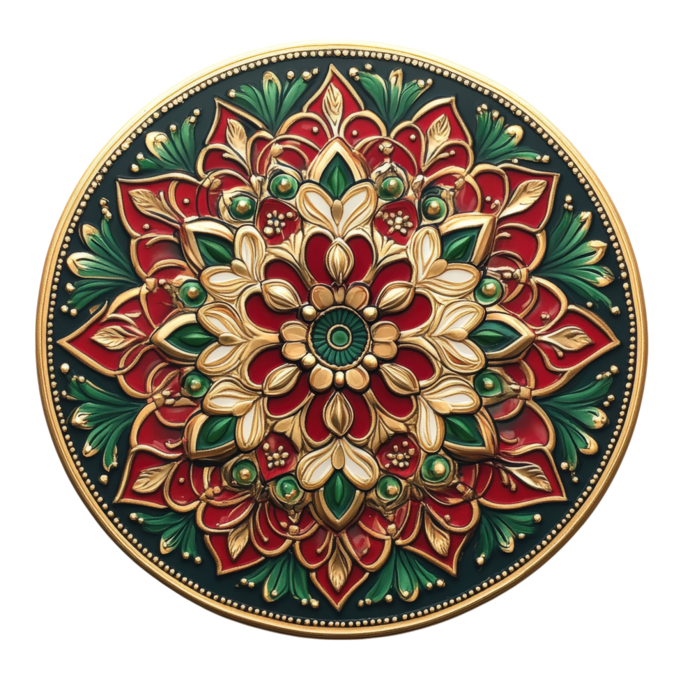 Rich red, gold, and green hues create stunning festival themed mandala design, showcasing intricate floral patterns and vibrant details that evoke sense of celebration and joy png