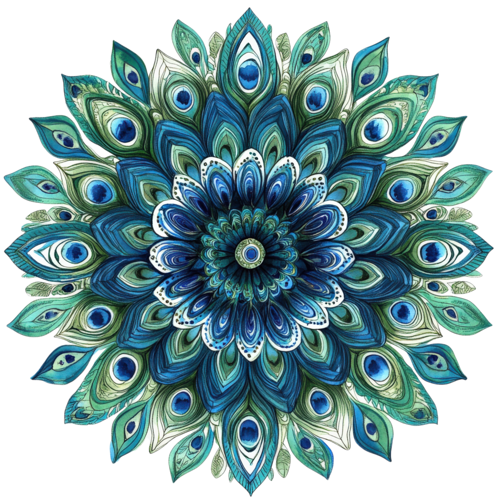 vibrant mandala design featuring intricate peacock inspired patterns in rich blue and green hues, radiating beauty and harmony. This artwork captures essence of nature elegance png