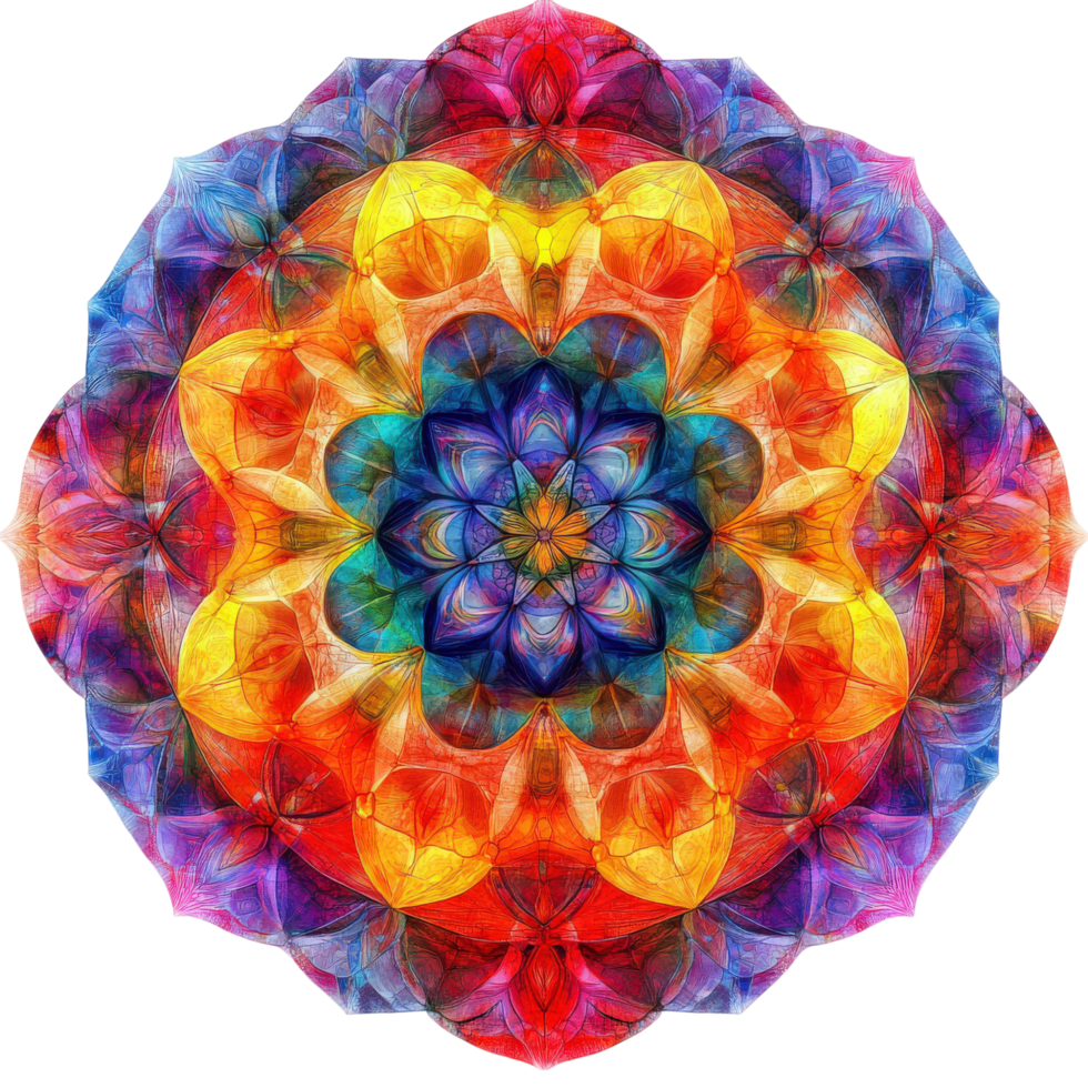 Vibrant mandala design featuring kaleidoscope of colors, showcasing intricate patterns and flowing shapes that evoke sense of harmony and creativity png