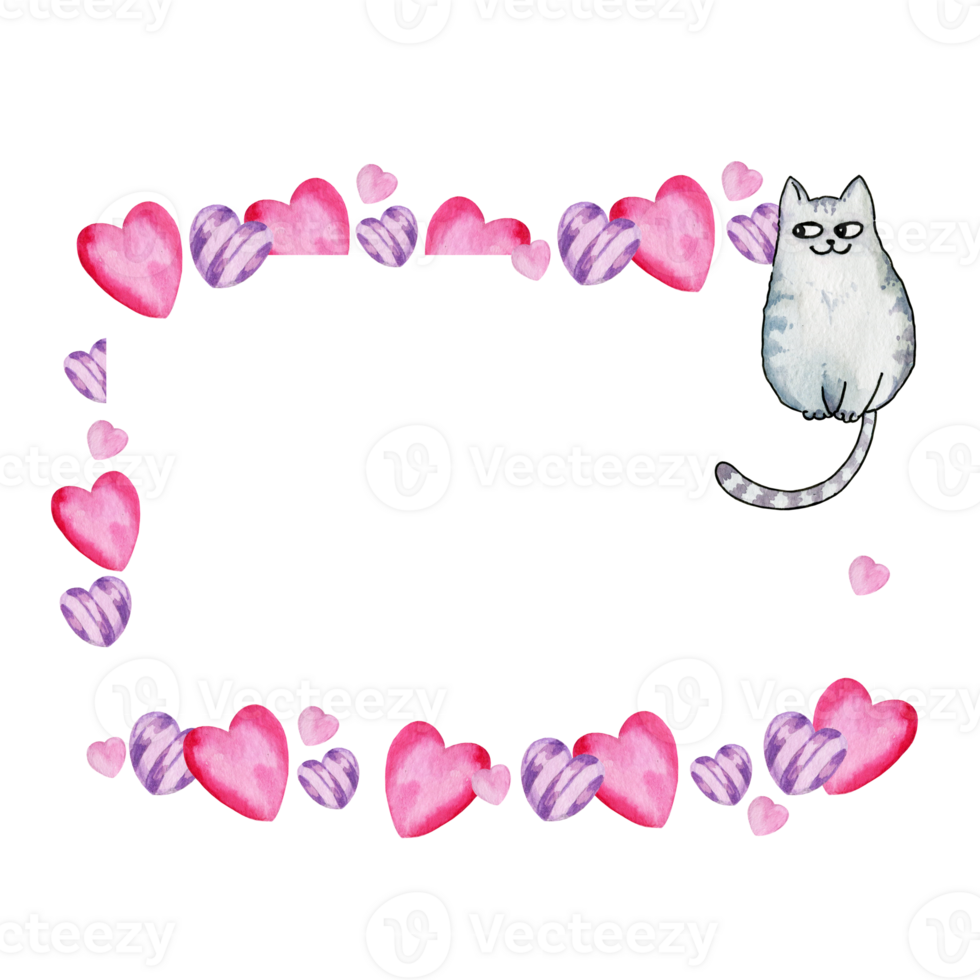 watercolor frame of Love theme with heart, cute cats, pink and lilac heart, sweets isolated. Valentines Day background. Ideal for postcard, design, fabrics, cards png