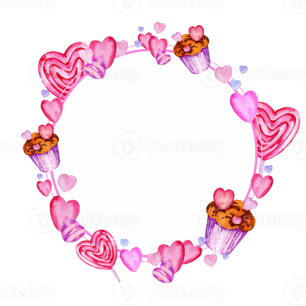 Watercolor circle frame of valentine day theme with cupcakes, muffins, heart, hand draw illustration, pink and lilac color frame for love's party decoration png