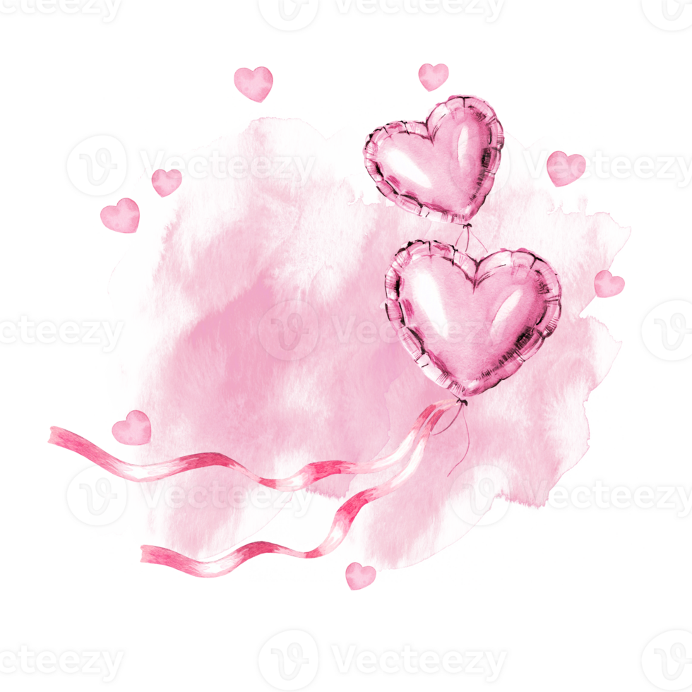 watercolor hand drawn composition with pink and metallic foil air balloons, heart shape metallic balloon for Valentine day, sketch of event decoration on watercolor pink background png