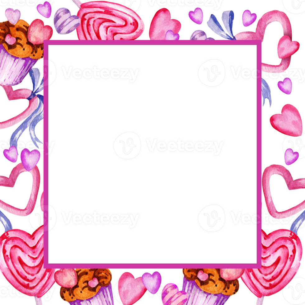 white square frame for valentine day with different hearts, candy, sweets, ribbons and muffins, watercolor hand draw illustration, pink and lilac color frame for party decoration png