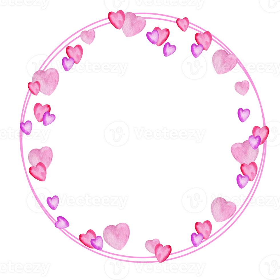 watercolor round pink frame with heart to Valentine day theme, hand draw illustration of wreath, pink and lilac color border png