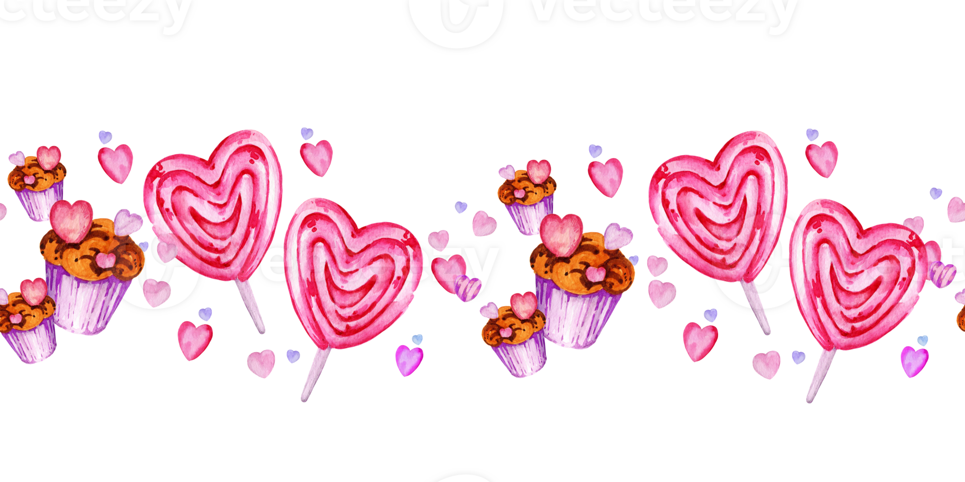 seamless border of valentine day theme with different watercolor hearts, candy, sweets and muffins, hand draw illustration, pink and lilac color board for Valentine day's party decoration, cards png