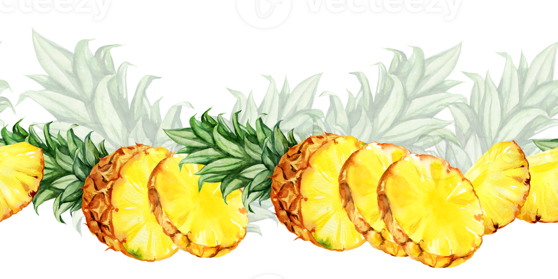 watercolor hand drawn seamless border with pineapple with half, rings and slices ripe pineapple, pineapple leaves, sketch of tropical fruit, food illustration png