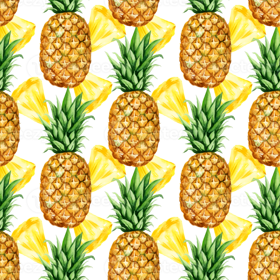 watercolor seamless pattern with pineapple, half and slices of ripe pineapple, sketch of tropical fruit, hand drawn illustration, food illustration for fabric, packaging decoration png