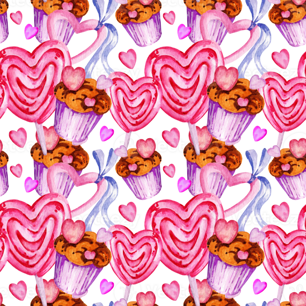 seamless pattern of valentine day theme with different watercolor hearts, sweets, lollipops, candies, muffins, hand draw illustration, pink, lilac color sketch for party decoration png
