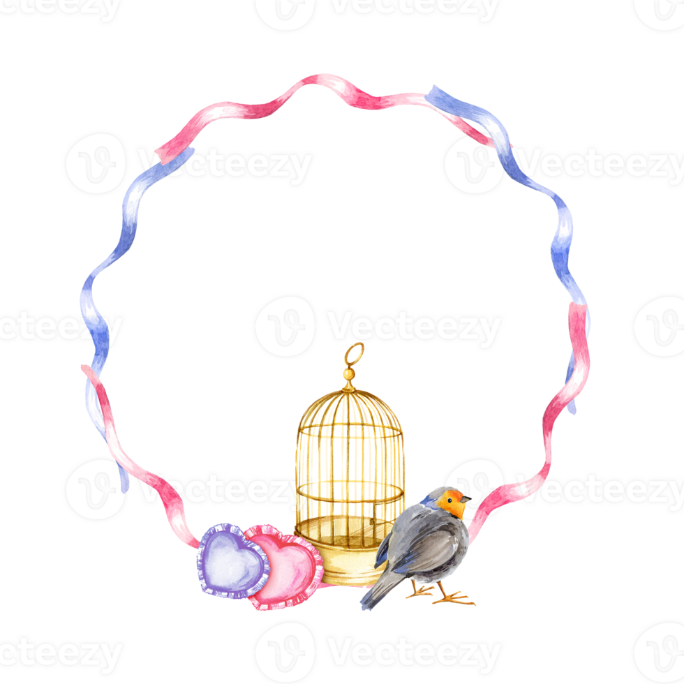 watercolor wreath from pink and lilac ribbons, golden bird cage, cute bird, pillows in the shape of a heart, hand drawn illustration for valentine's day, birthday and kid's party, sketch png
