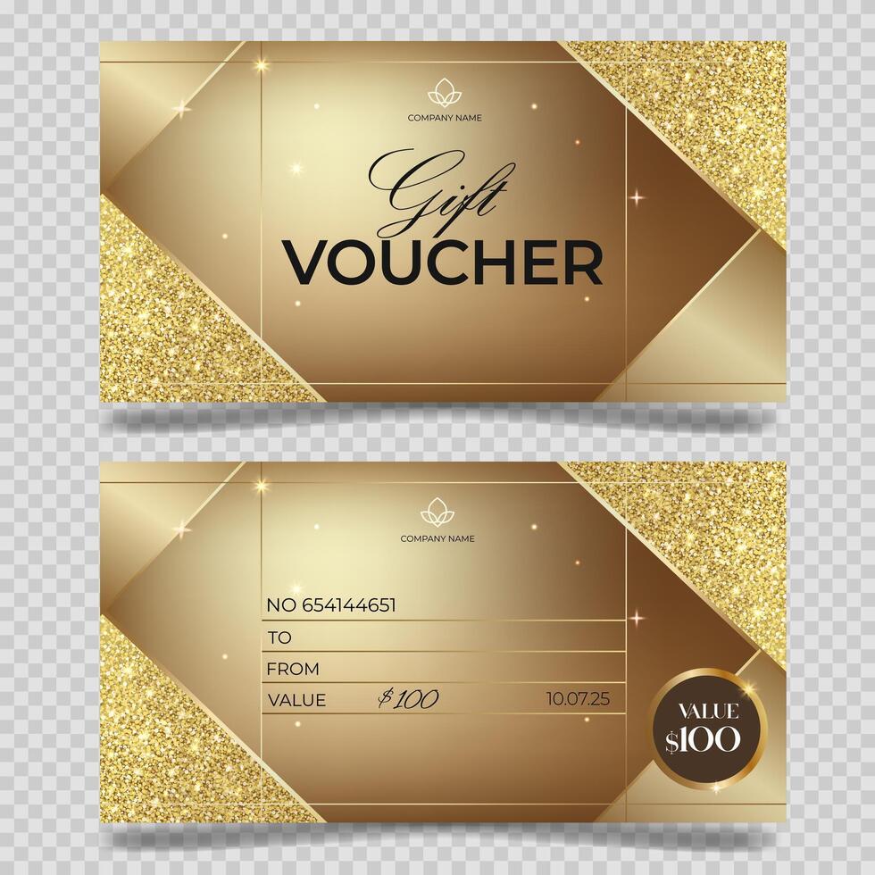 Luxury gift voucher with golden glitter. Elegant template for gift card. Stylish gift voucher. Promo or flyer offer vector