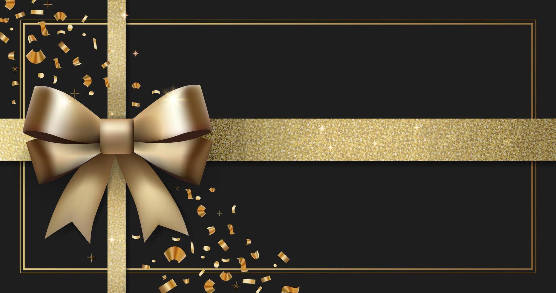 Luxury black background with gold bow. Elegant template for card, coupon, certificate. Empty gift voucher with place for text. vector