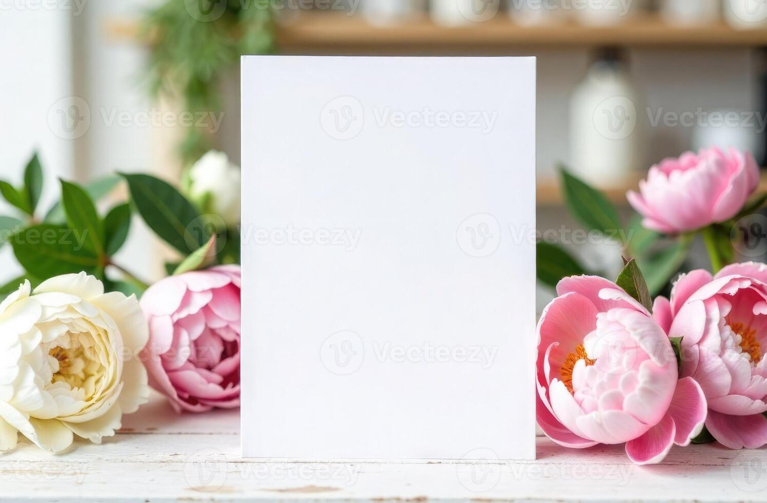 Greeting frame mockup, white paper sheet on table with delicate pink peonies on flower shop background, empty card, copy space for congratulation text, festive seasonal template photo