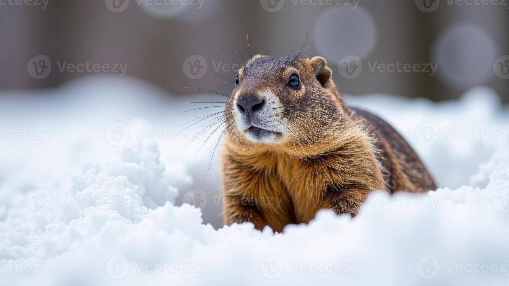 Cute funny marmot in a snowy forest. A groundhog predicting the weather crawled out of its hole in February photo