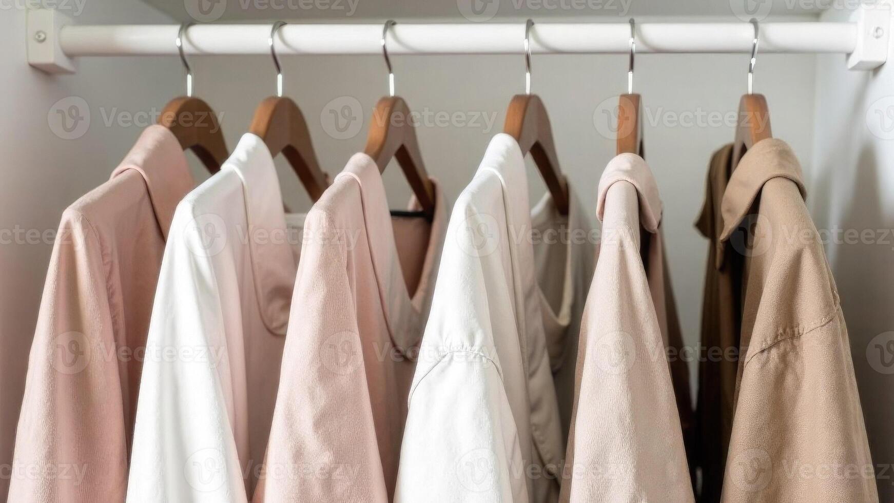 Row of neatly hung beige and white clothes on hangers in a modern bright walk-in closet. Fashion, space organization. Basic elegant clothes for every day photo
