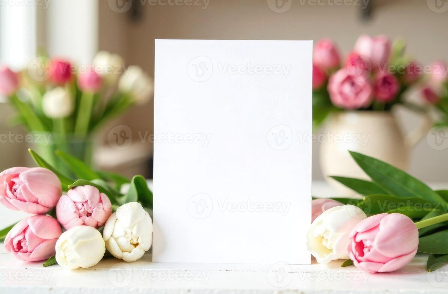 Blank white card surrounded by soft pink and white tulips on a light table. Blurred floral background, romantic, spring atmosphere. Perfect for greeting cards or invitations photo