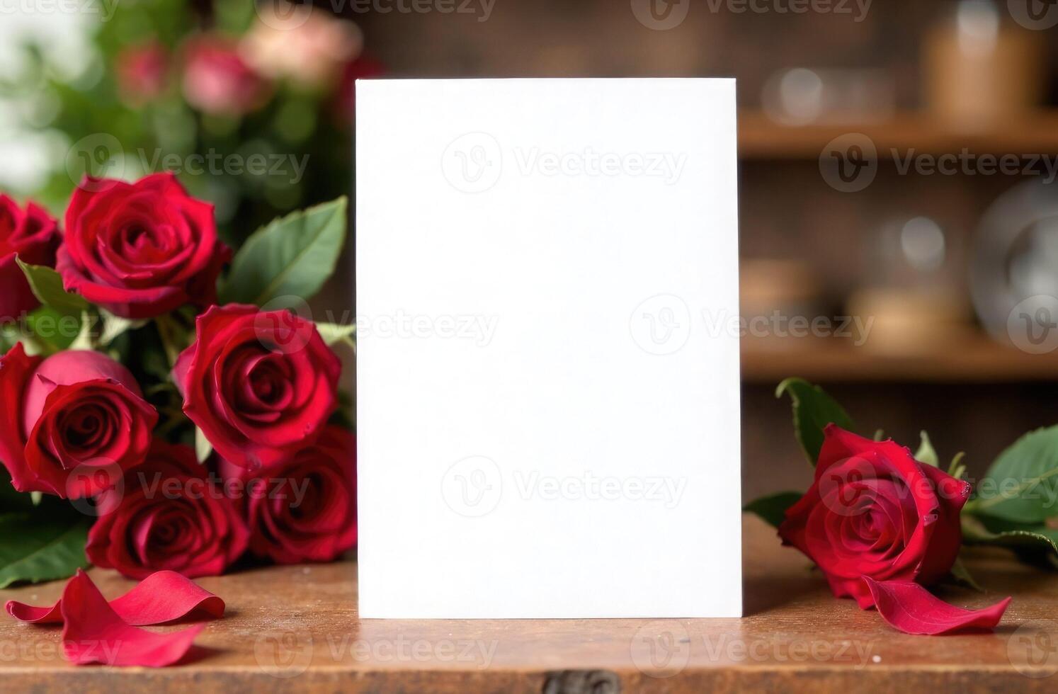 Layout of card with a bouquet of red roses on wooden table and a white blank sheet of paper for the text of a congratulation or holiday message. Mockup for Valentine's Day, Women's Day or Mother's Day photo