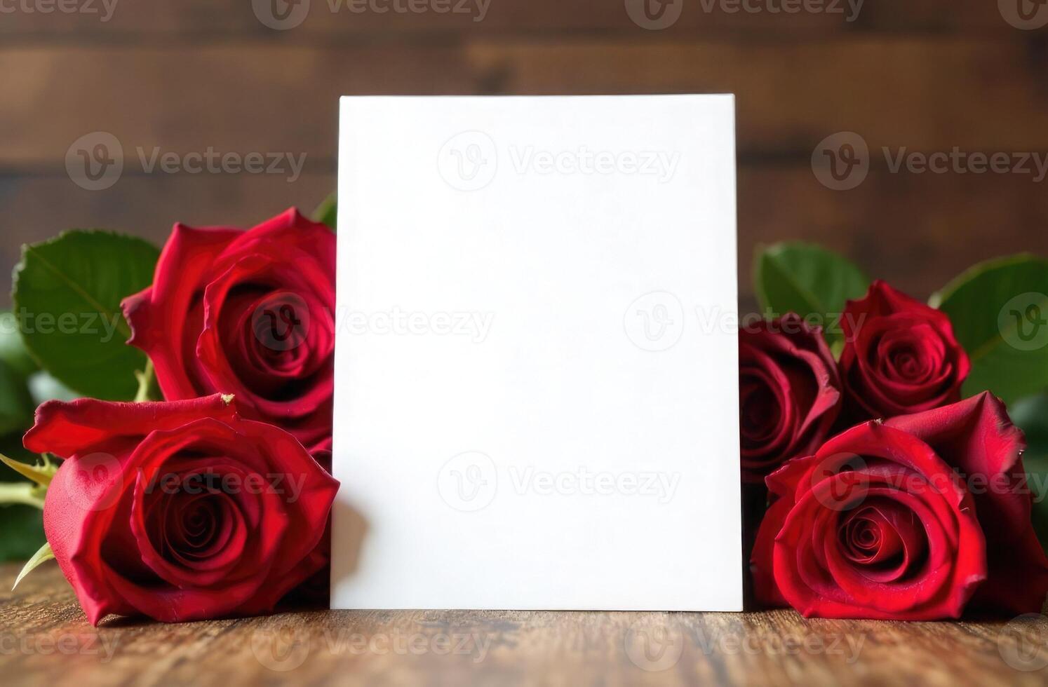 Greeting frame mockup, white paper sheet on table with red roses on flower shop background, empty card, space for congratulation text, festive seasonal template, copy space photo