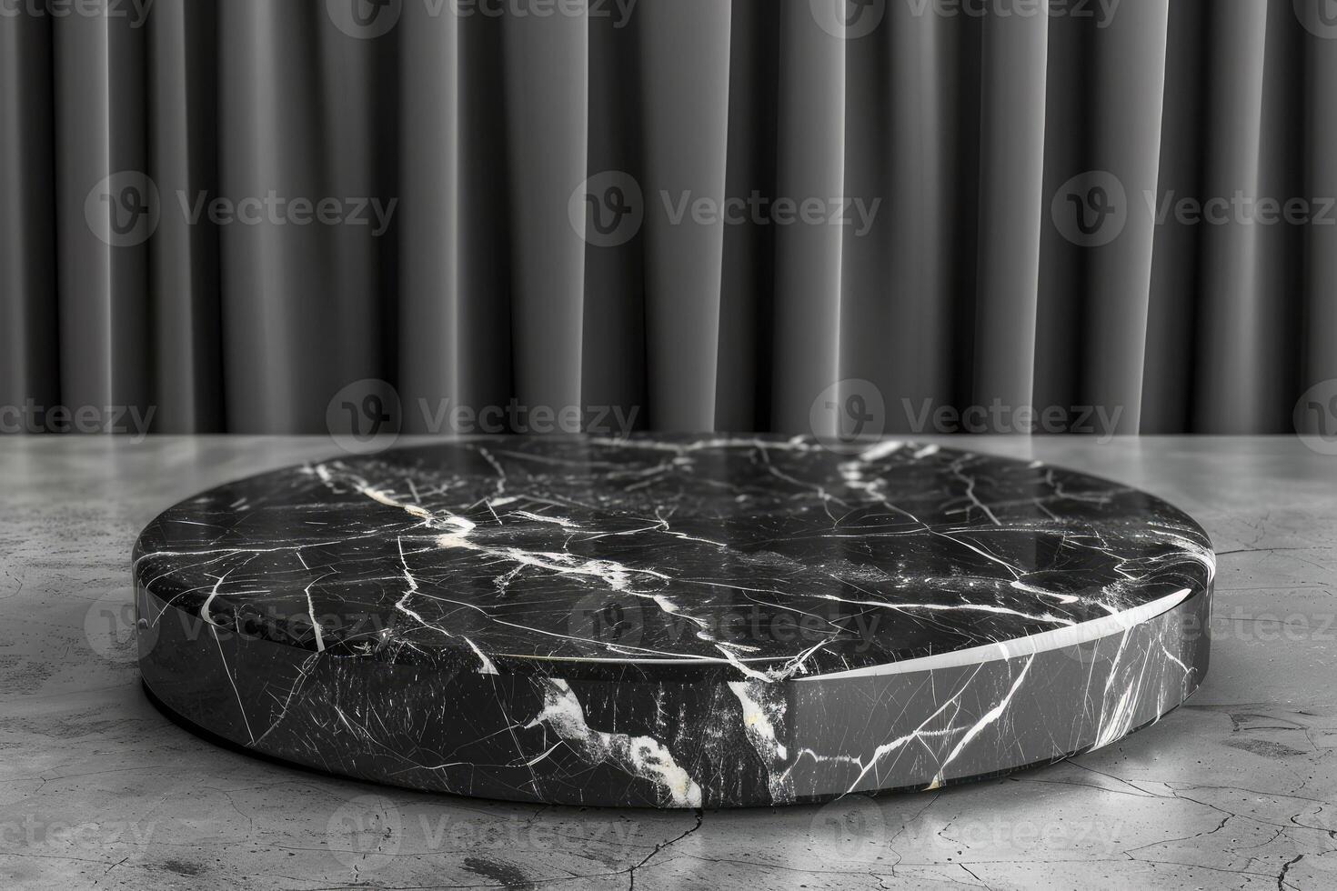 Luxurious black marble podium with white veining on a dark marble surface, perfect for product presentation, branding visuals, or montage photo