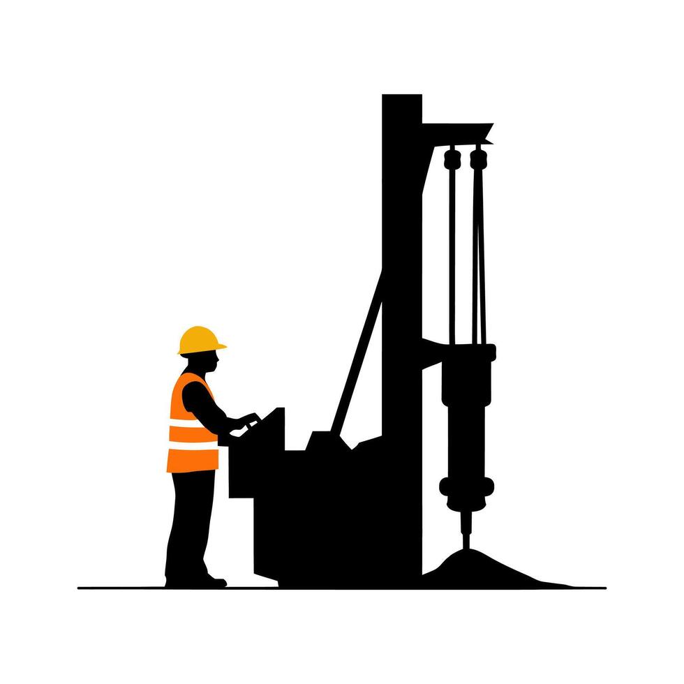 Silhouette of Construction Worker Operating a Drill Rig vector