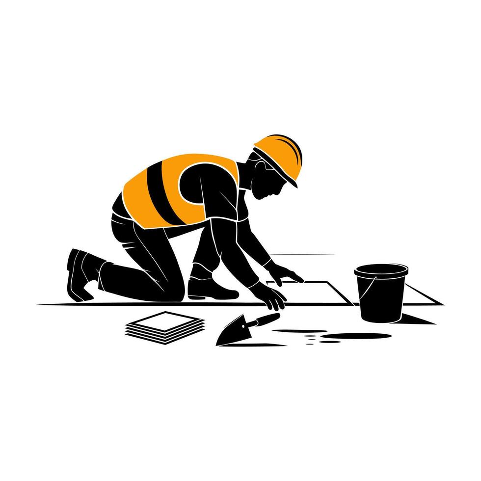 Construction worker laying tiles, silhouette illustration. vector