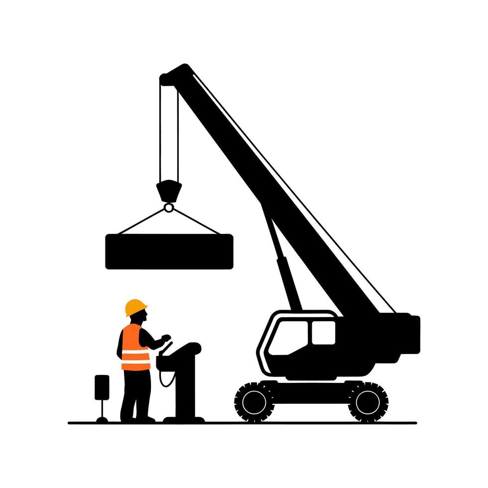 Silhouette of a crane operator controlling a large crane. vector