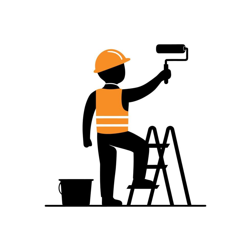Worker Painting a Wall with Roller on Ladder vector