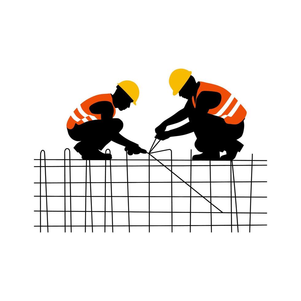 Construction Workers Installing Reinforcement Bar on Fence vector
