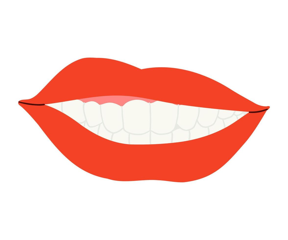playful Smile with red lips in flat style. Lips, teeth, smile. Hand drawn situation. vector