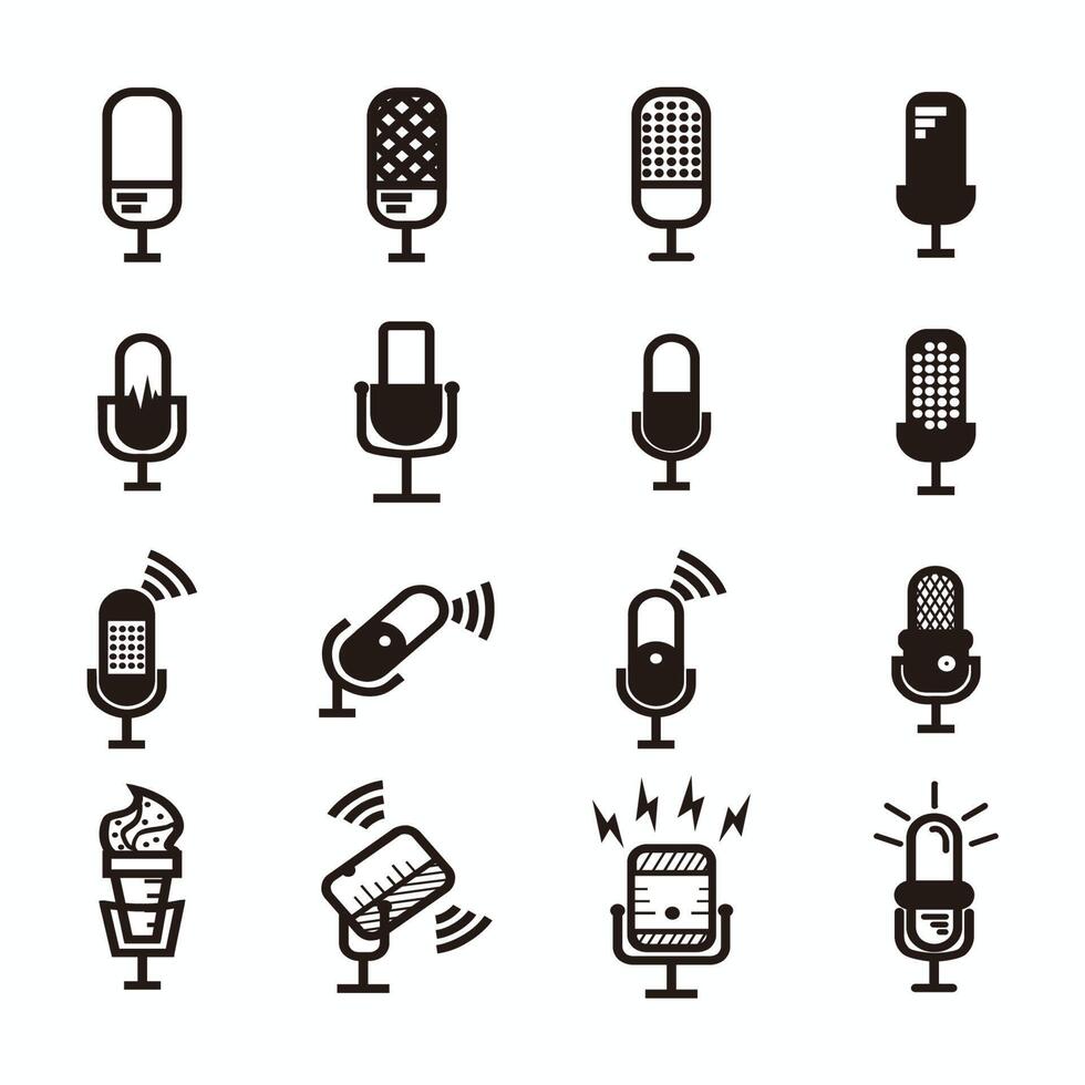 black silhouette of microphone set - microphone set with lightning and connection sign for broadcast or podcast - silhouette microphone set logo or icon isolated on white vector