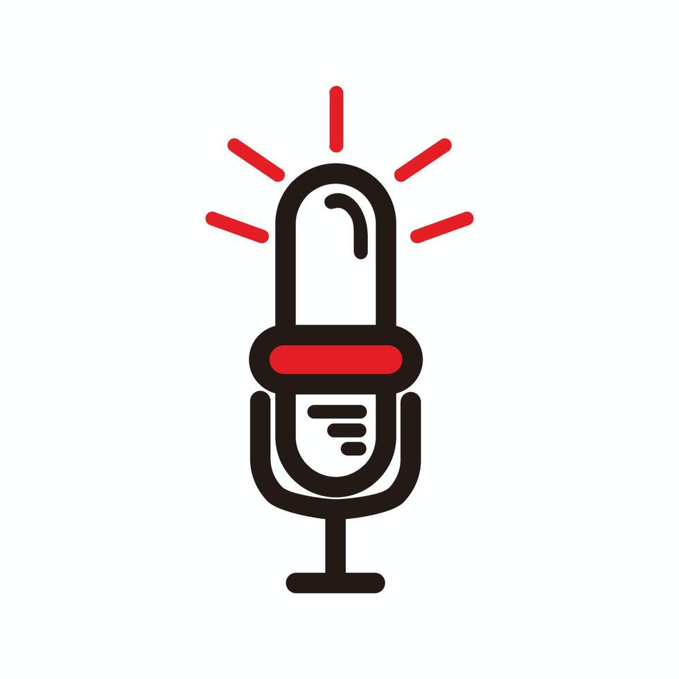 light bulb microphone for broadcast, podcast or music icon or logo - red and black illustrations isolated on white vector