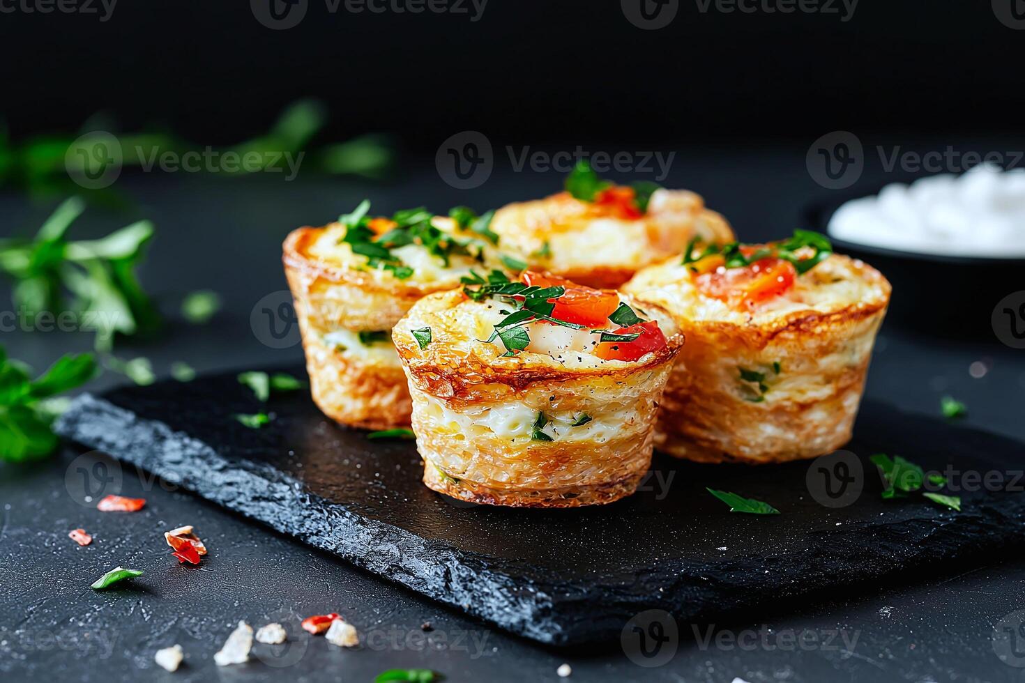 Protein packed egg muffins with veggies and cheese, served on a black slate for a unique breakfast photo