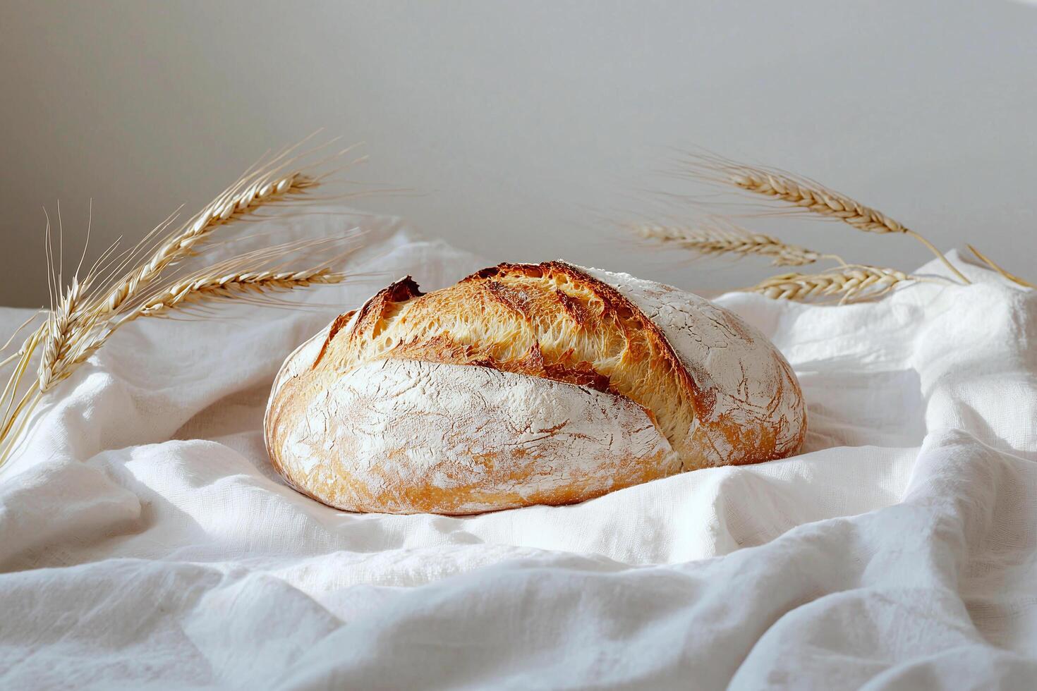 Sourdough bread on linen, surrounded by flour and wheat, showcasing artisan baking craft photo