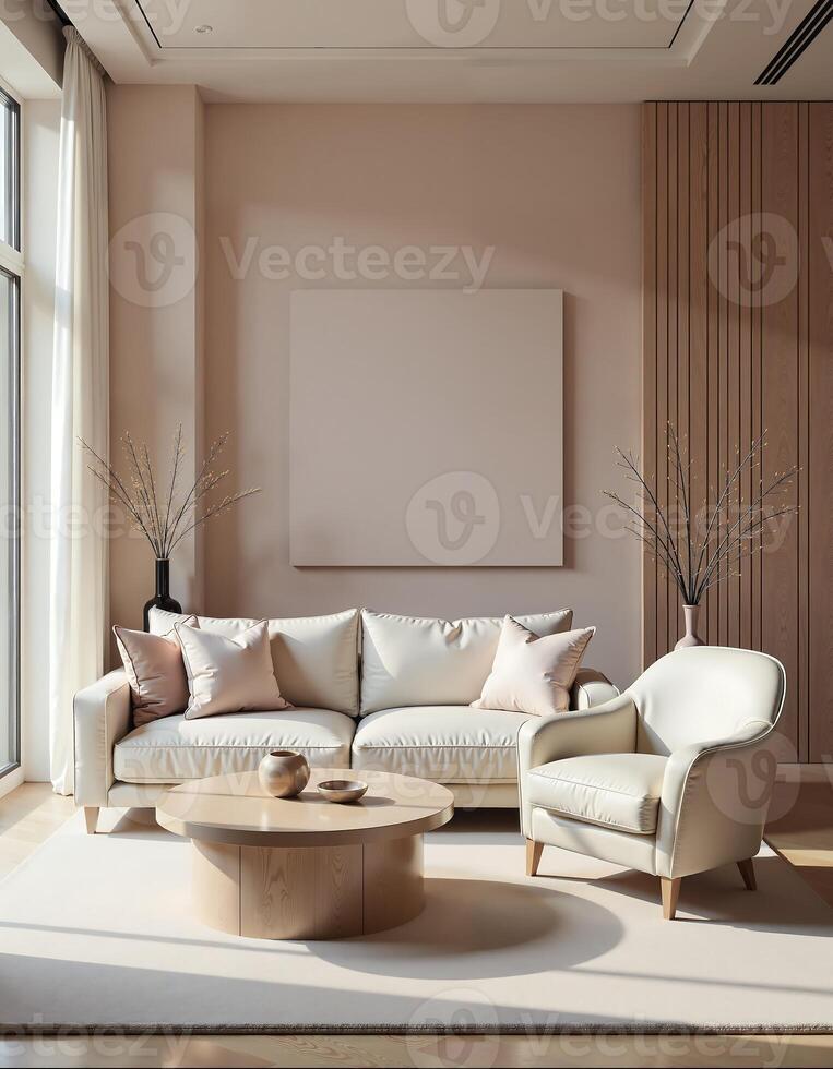 Modern minimalist living room design with neutral tones and natural lighting photo