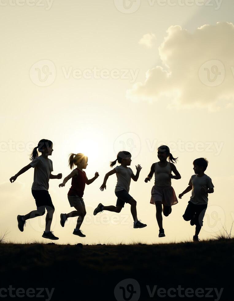 Joyful children running at sunset on an open field photo