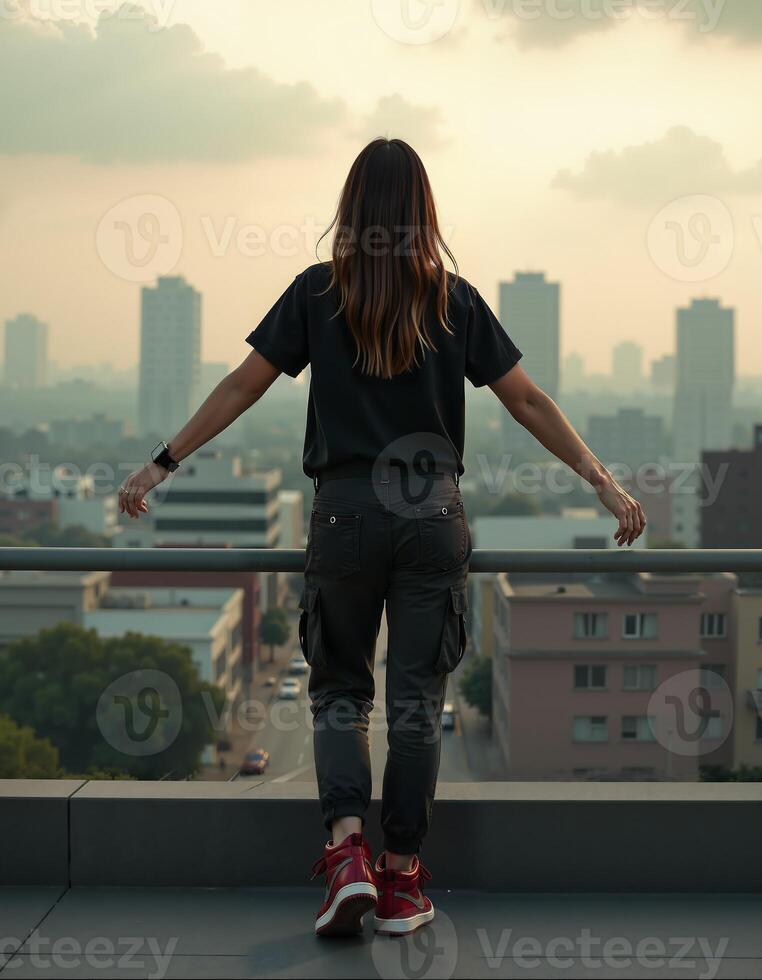 Urban contemplation on rooftop at sunset with cityscape background photo