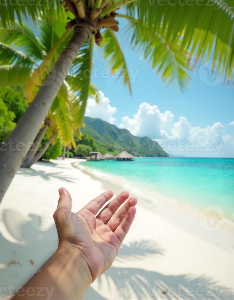 Tropical beach vacation scene with palm trees and ocean view for summer getaway photo
